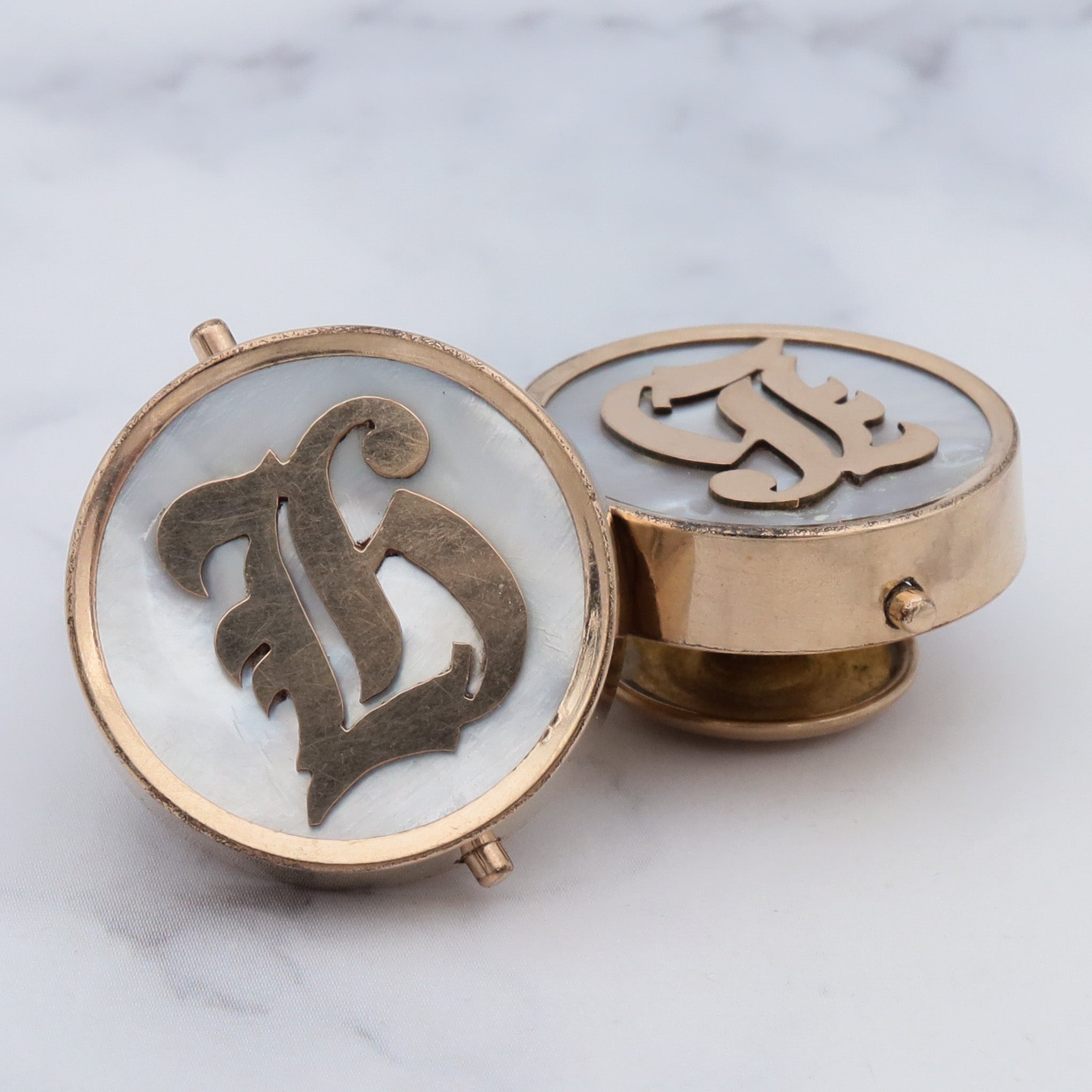 Antique late 1800’s gold-filled & mother of pearl monogrammed “K” cufflinks